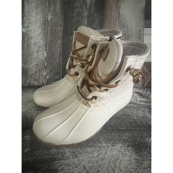 Sperry Women 5 Saltwater Waterproof Duck Boots Cream - Picture 3 of 7